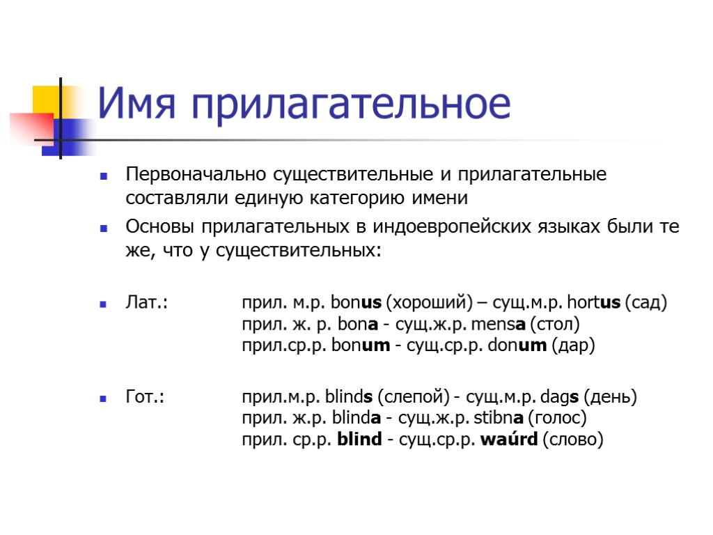 Имя прилагательное Первоначально существительные и прилагательные составляли единую категорию имени Основы прилагательных в индоевропейских